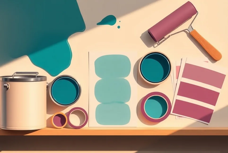 Pots de peinture, nuancier, brosses et rouleaux disposés à plat
