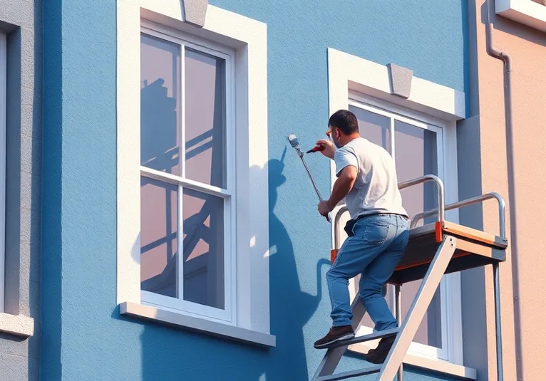 Peintre sur échafaudage traitant la façade d'une maison